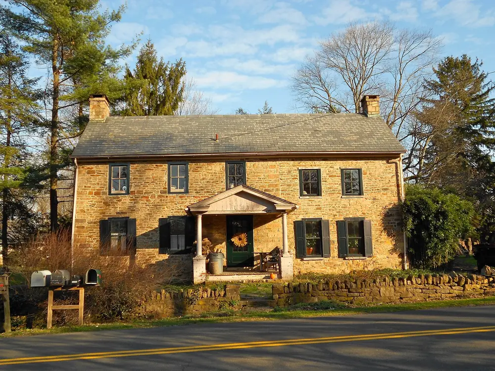 Stone farmhouse along a road in the Dyerstown area of Plumstead Township, Bucks County, PA